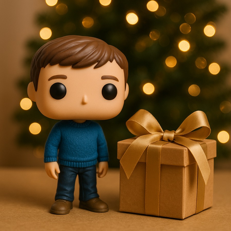 Figura personalizada estilo Funko Pop junto a su caja de regalo con lazo dorado, delante de un árbol de Navidad
